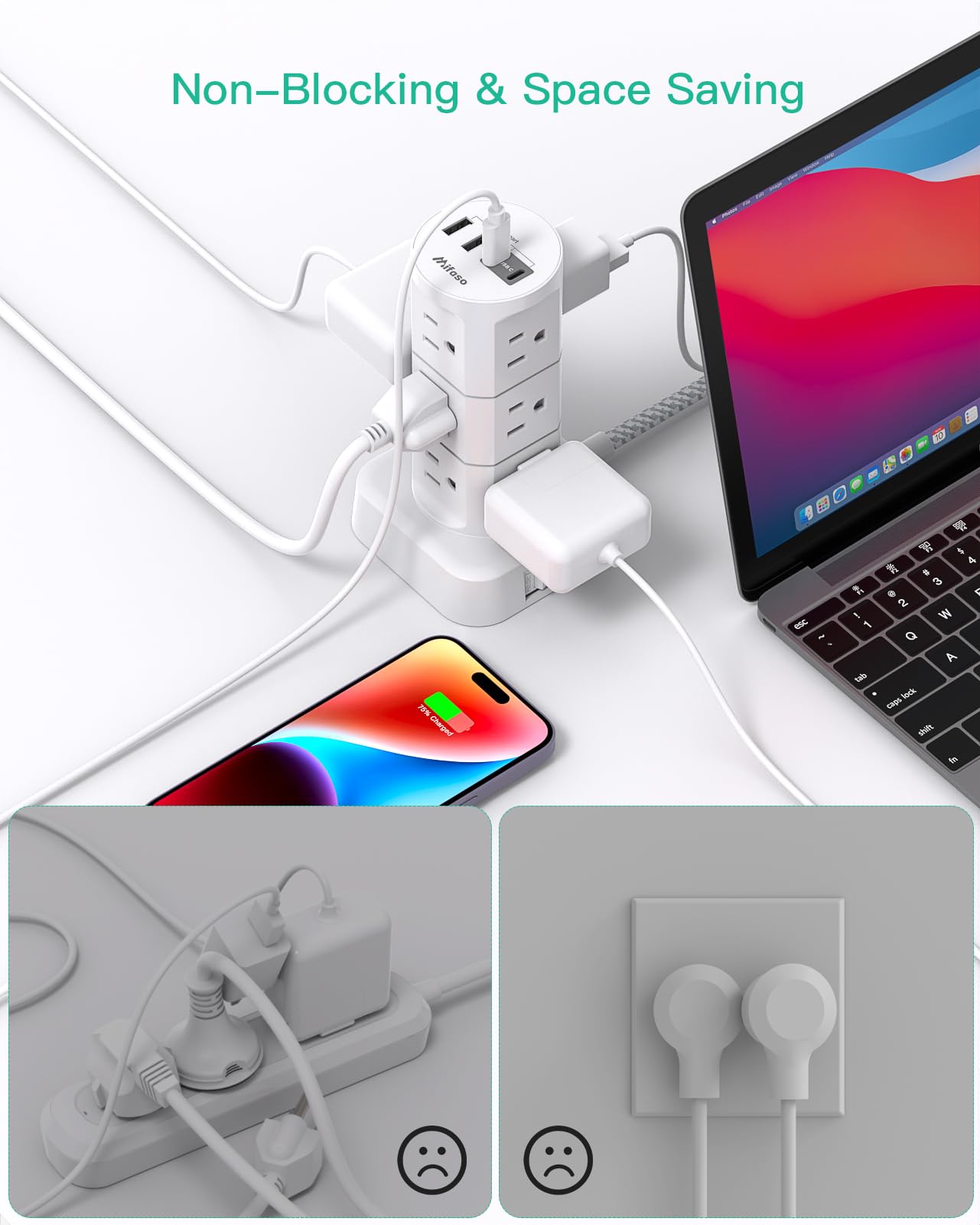 Power Strips with Surge Protection, Flat Plug Power Strip with 12 Outlets 4 USB Ports, Charging Station Tower 1875W/15A 1080J 6Ft Extension Cord with Multiple Outlets, Office Supplies, Dorm Essentials