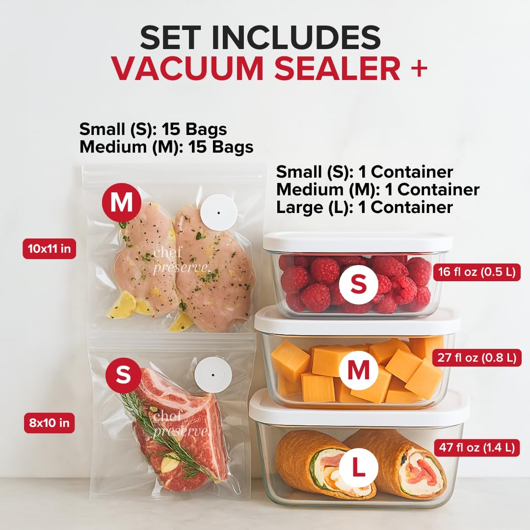 Chef Preserve Compact Vacuum Sealer for Food (Vacuum Sealer Machine + 3 Glass Vacuum Containers + 30 Reusable Vacuum Bags) Powerful Handheld Vacuum Seal Machine, Seal Meal Saver, Portable Food Sealer