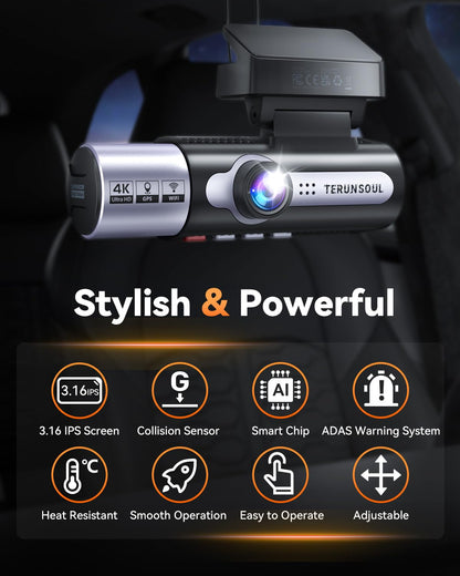 TERUNSOUl 4K Dash Cam Front and Rear, Full HD 3 Channel Dashcam, Free 128GB MicroSD Card, Built-in 5.8GHz WiFi Built-in GPS, Collision Sensor, Night Vision, HDR, 3.16" IPS, 24H Parking Mode（Black）
