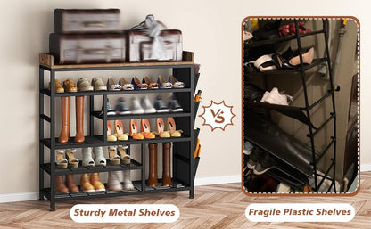 EnHomee Metal Shoe Rack for Entryway with Boots Storage for 22 Pairs Wood Shoes Rack Wooden Top and Side Pocket for Entry, Entrance, Hallway, Black