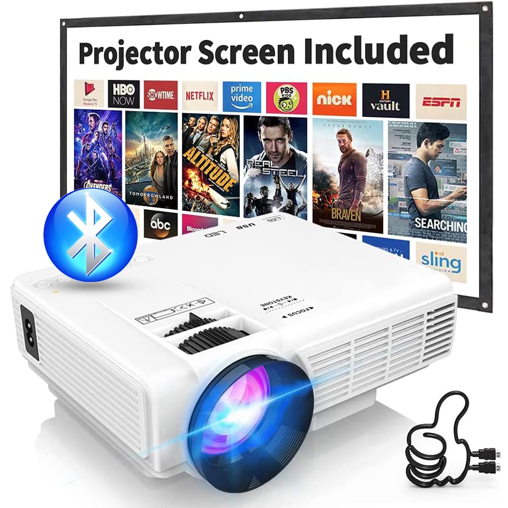 PANSEBA Projector with Two-way Bluetooth, Mini Projector with Projector Screen, Full HD 1080P Portable Video Projector, Home Movie Projector Compatible with HDMI/USB/Smartphone