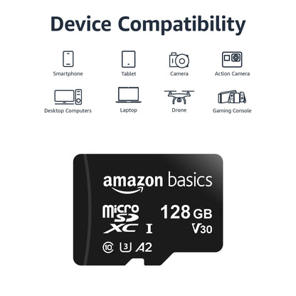 Amazon Basics Micro SDXC Memory Card with Full Size Adapter, A2, U3, Read Speed up to 100 MB/s, 128 GB, Black