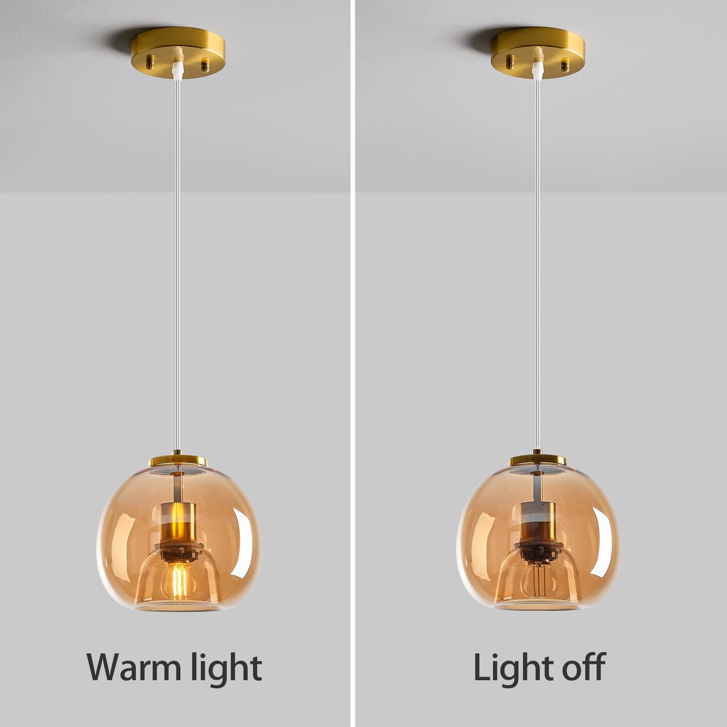 LBSQJ Amber Glass Pendant Lights Kitchen Island Gold Hanging Light Fixture Glass Globe Pendant Light Modern Pendant Lighting for Kitchen Island Bedroom Dining Room (7.87", 1 Pack)