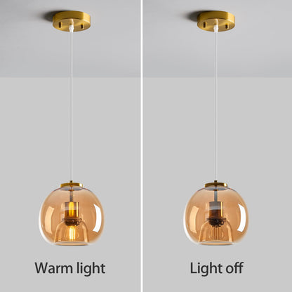 LBSQJ Amber Glass Pendant Lights Kitchen Island Gold Hanging Light Fixture Glass Globe Pendant Light Modern Pendant Lighting for Kitchen Island Bedroom Dining Room (7.87", 1 Pack)