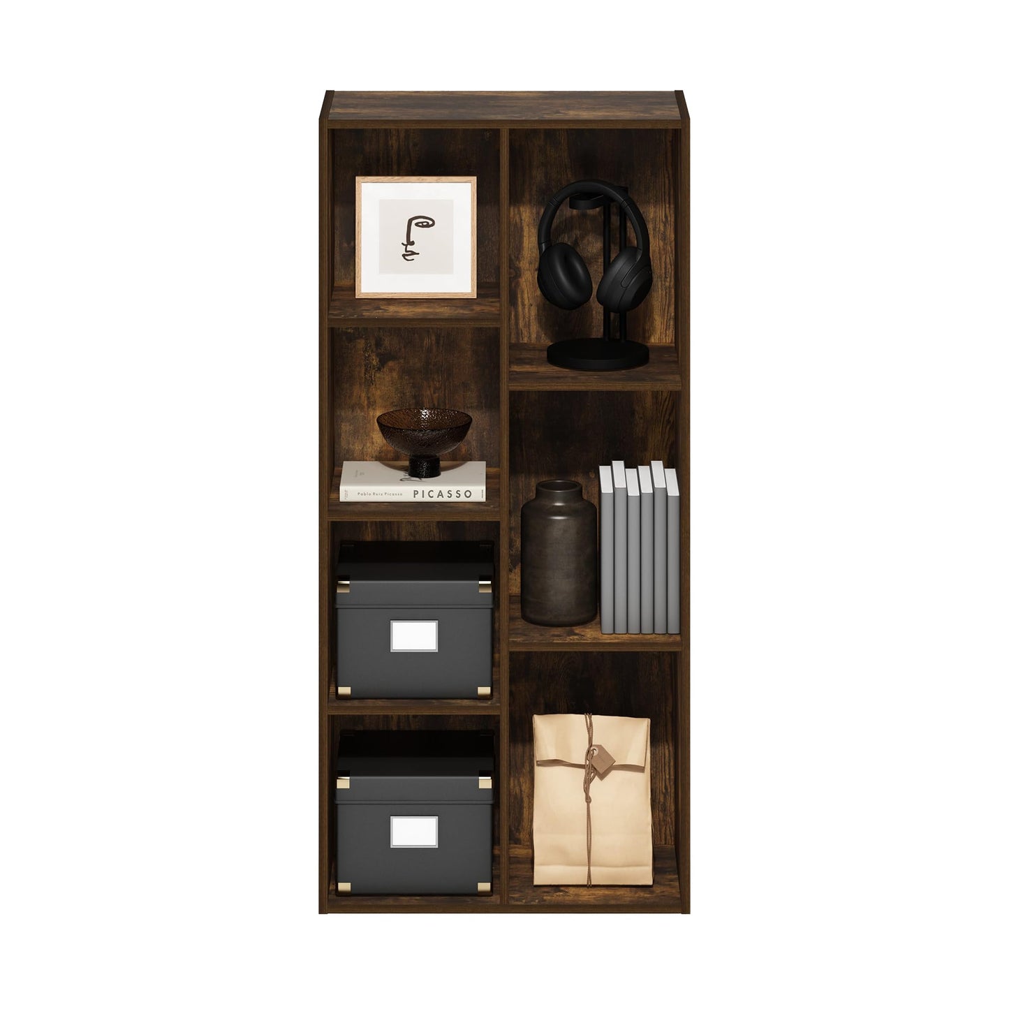 Furinno LUDER Book Shelf, 7-Cube Bookshelf, Bookcase, 9.4 x 19.5 x 41.7, for Living Room, Bedroom, Home Office, Amber Pine