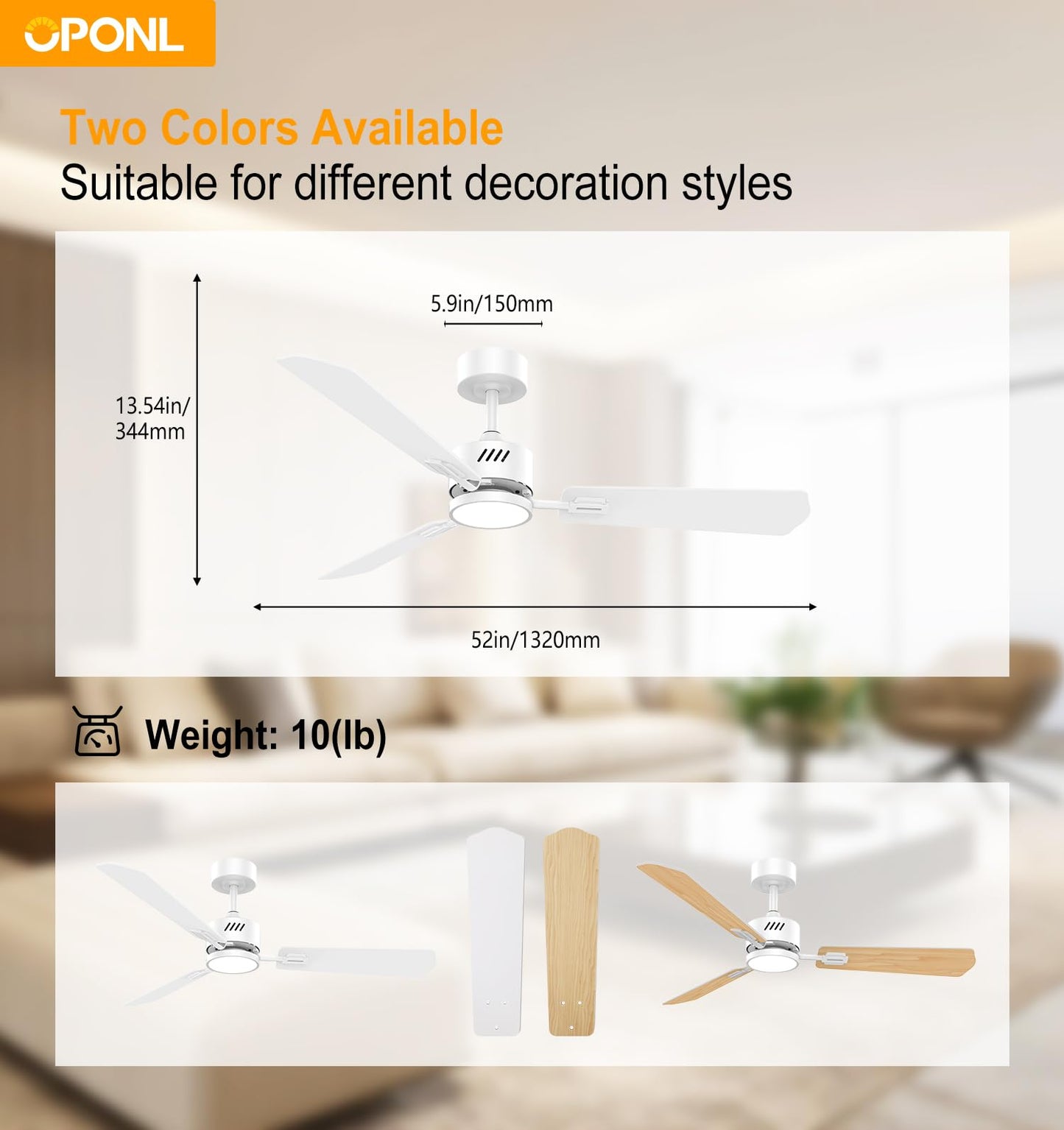 OPONL White Ceiling Fan with Light 52inch, Low Profile, Remote Control, Downrod Mount, Noiseless, Reversible, 6CCT, Dimmable, 6 speeds, Timeable, Ceiling Fans with Lights for Living Room, MDF