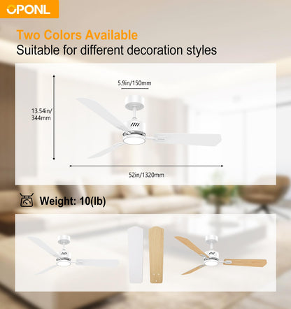 OPONL White Ceiling Fan with Light 52inch, Low Profile, Remote Control, Downrod Mount, Noiseless, Reversible, 6CCT, Dimmable, 6 speeds, Timeable, Ceiling Fans with Lights for Living Room, MDF