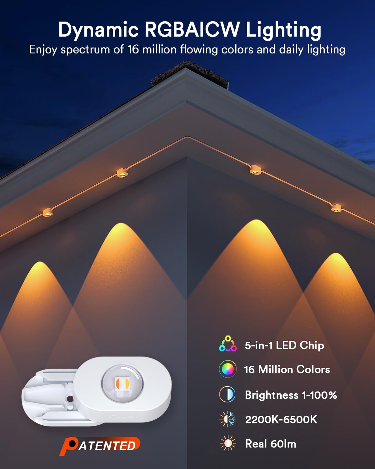 Lumary Permanent Outdoor Lights 2 with Remote, 200ft with 120 RGBAICW LEDs 7200lm for Daily & Accent Lighting, 110+ Scene Modes for Christmas Decor, IP67 Waterproof, Work with Alexa, Google, White