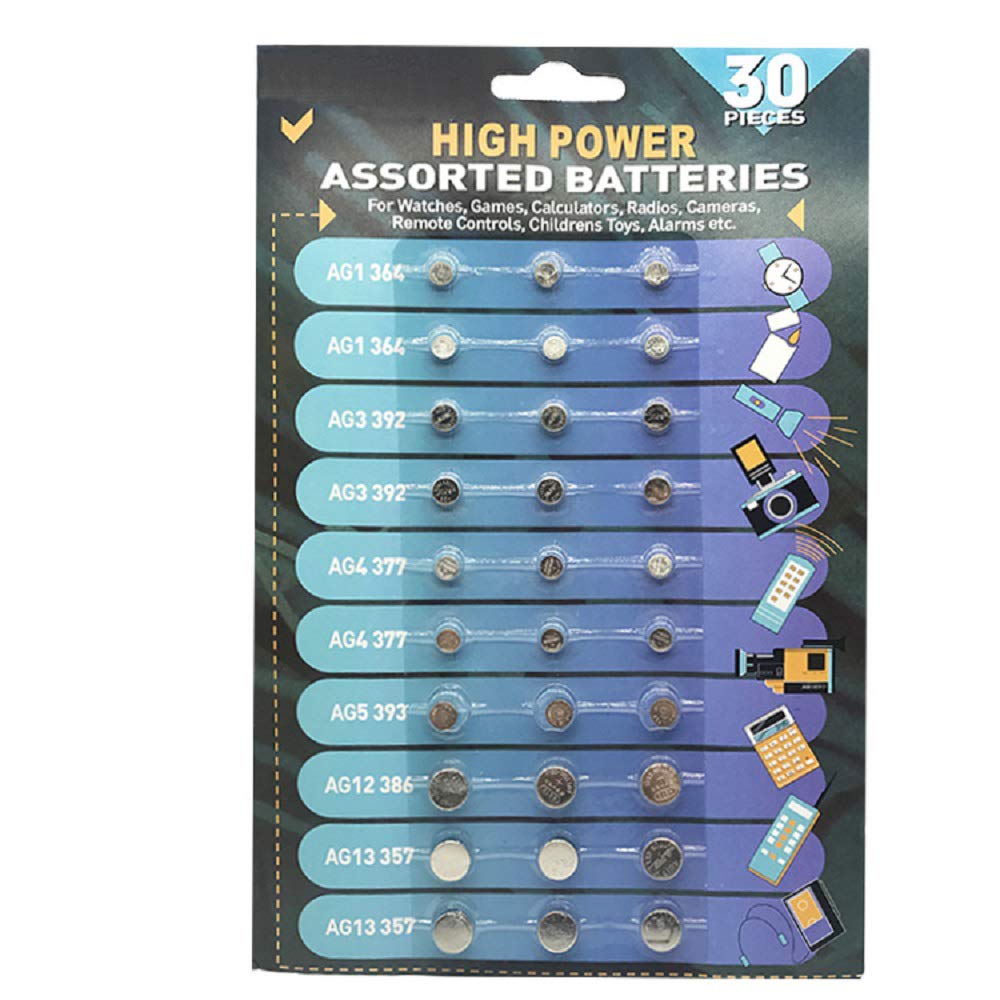 Cotchear 30pcs Alkaline Cell Batteries Assorted 1.55 Volt AG1/LR621 AG3/LR41 AG4/LR626 AG5/LR754 AG12/LR43 AG13/LR44 Coin Batteries Set 0% Mercury