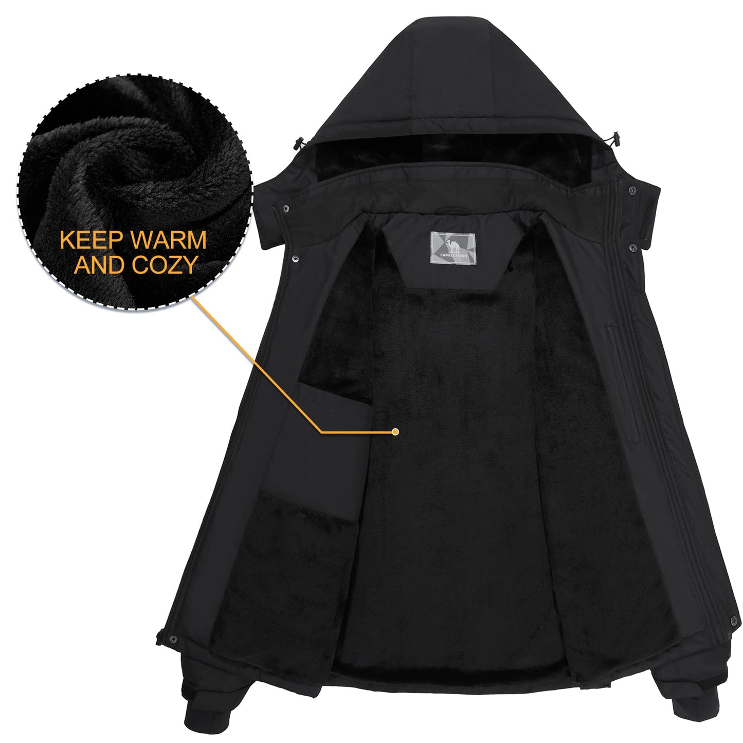 CAMEL CROWN Men's Mountain Snow Waterproof Ski Jacket Detachable Hood Windproof Fleece Parka Rain Jacket Winter Coat Black XX-Large