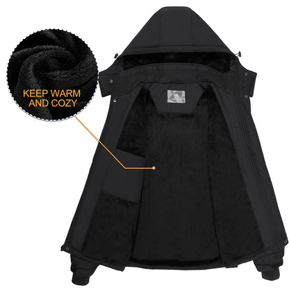 CAMEL CROWN Men's Mountain Snow Waterproof Ski Jacket Detachable Hood Windproof Fleece Parka Rain Jacket Winter Coat Black XX-Large