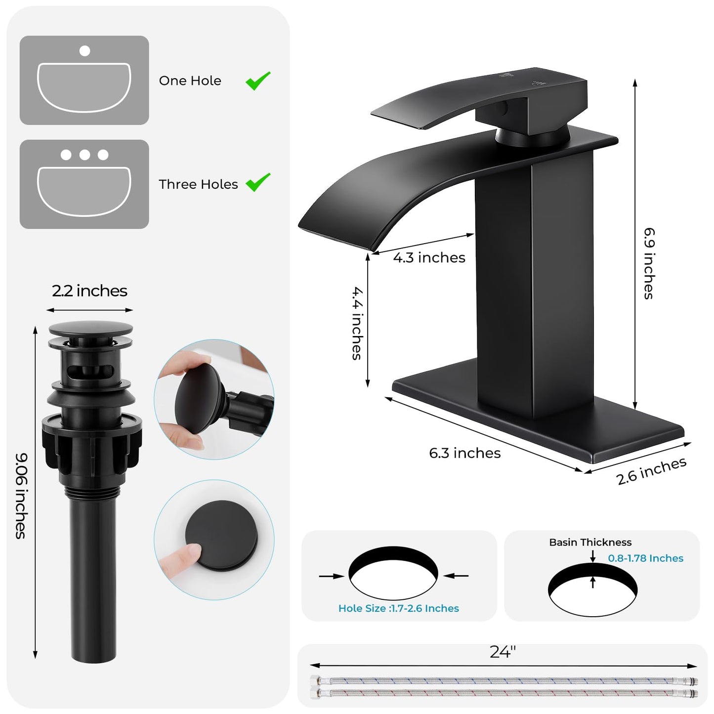 RNDIOZD Matte Black Bathroom Faucets, Waterfall Bathroom Sink Faucet Modern Single Handle Bathroom Faucte 1 or 3 Hole, RV Mixer Tap Vanity Faucet - Includes Pop-up Drain Supply Hoses Deck Plate