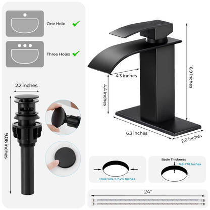RNDIOZD Matte Black Bathroom Faucets, Waterfall Bathroom Sink Faucet Modern Single Handle Bathroom Faucte 1 or 3 Hole, RV Mixer Tap Vanity Faucet - Includes Pop-up Drain Supply Hoses Deck Plate