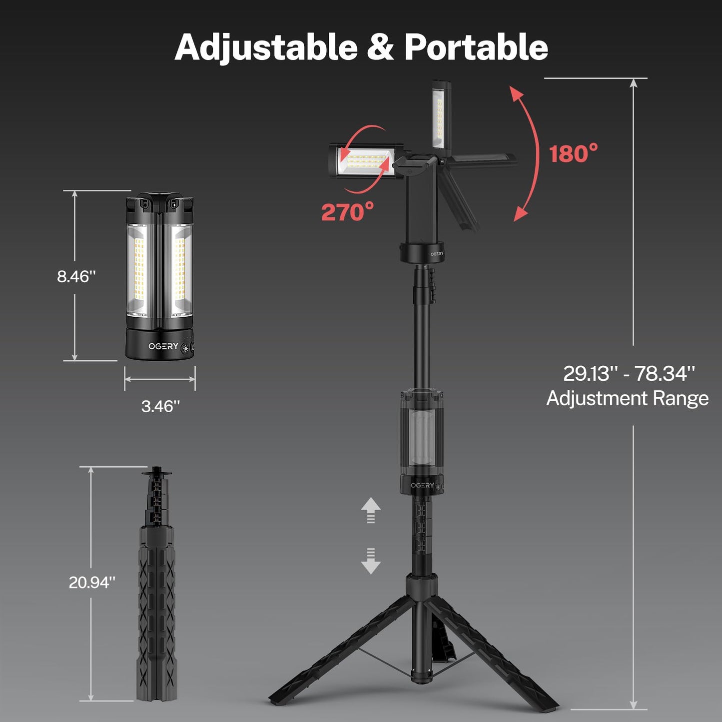 OGERY Rechargeable 10000mAh Camping Light with Stand 6.5 ft Max Height, Cordless Work Light with 3 LED Lamp Heads, 2200 Lumens Dimmable Magnetic Emergency Flashlight with Detachable Tripod, Black