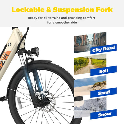 Electric Bike ZA02, 750W Peak Motor, 26'' City Cruiser Ebike, 556Wh Removable Battery, Up to 65 Mi Range 22 MPH, 7-Speed and Front Suspension Electric Bike for Adults