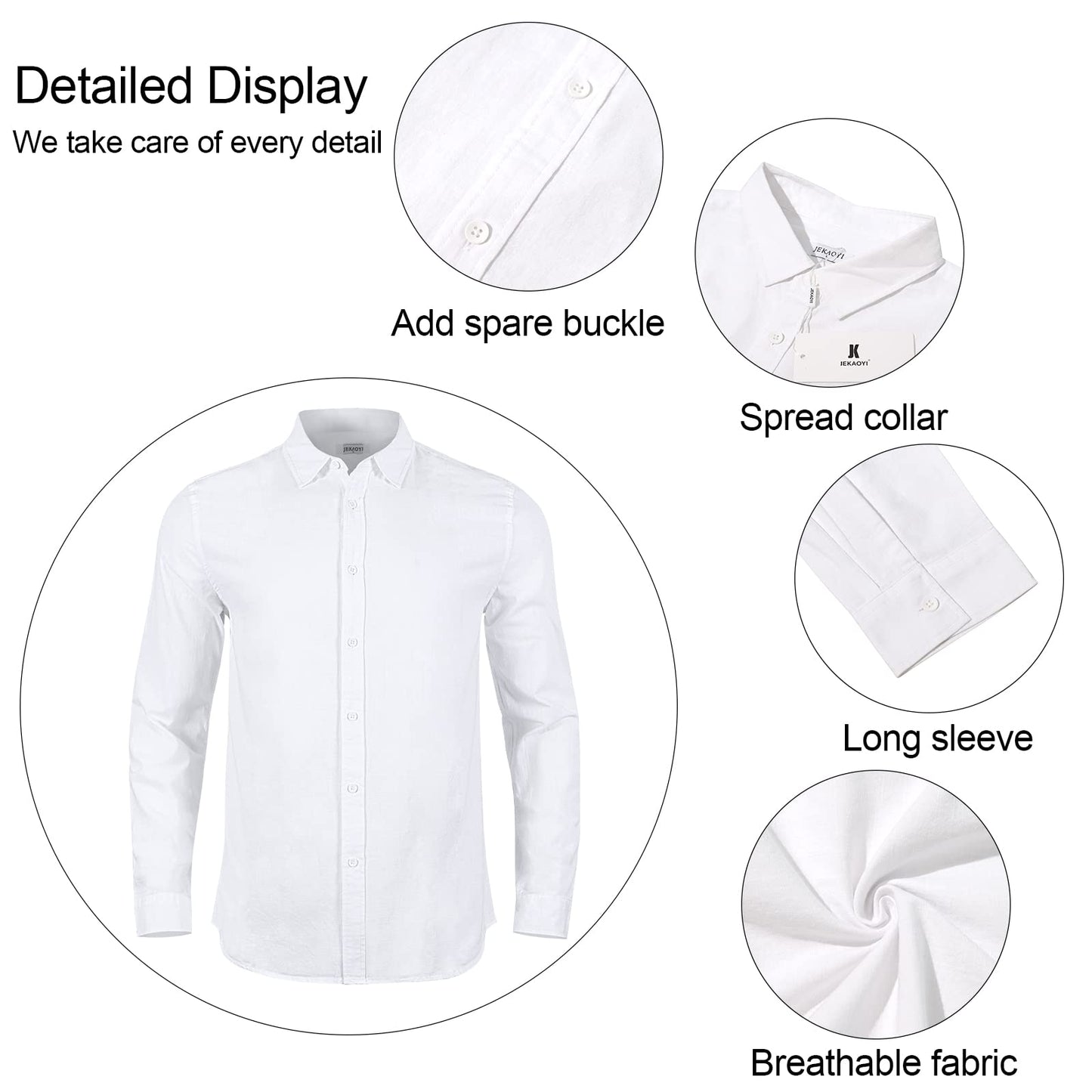 JEKAOYI Mens Casual Long Sleeve Cotton Linen Shirts Buttons Down Solid Plain Roll-Up Sleeve Summer Beach Shirts White