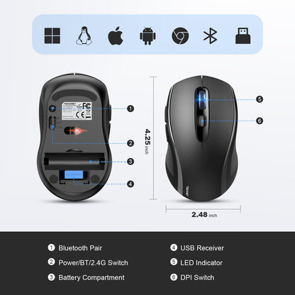 TECKNET Bluetooth Mouse, 2-in-1(BT 5.0/3.0+2.4Ghz) 4000DPI Wireless Mice with USB Connect Available for Laptop Computer, Portable PC Mouse Bluetooth for Mac (USB-A+BT Wireless Connect, Black)