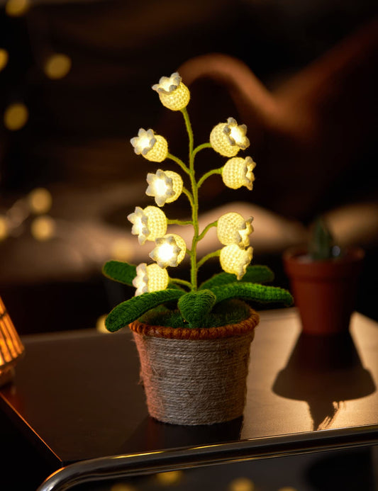 Lily of Valley Lamp, Crochet Artificial Flowers with Night Lights Fake Lily of Valley Included Pots - for Gift, Birthday, Ideas for Valentine's Day Mother's Day, Desk Home Decorations (L, Warm Lamp)