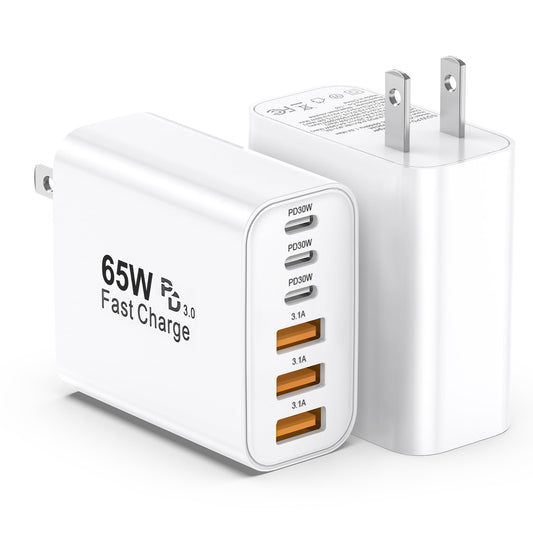USB C Charger Block,2 Pack 65W 6 Port USB C Wall Charger,6 in 1 iPhone Charger Fast Charging PD+QC Power Adapter Multiport Type C Brick Chargers for iPhone 17/16/15/14/13/12/Pro Max/XS/Samsung