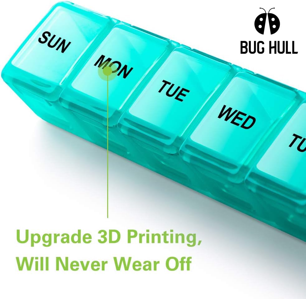 BUG HULL Weekly Pill Organizer Large 2 Packs, Extra Large Travel Pill Organizers, Pill Box 7 Day, Travel Pill Case, Medicine Pill Organizer for Vitamins, Supplements and Medications (Blue+Green)