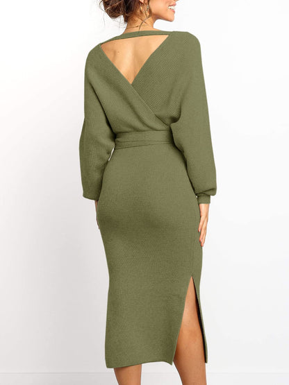 Chang Yun Women's Long Maxi Sweater Dresses Sexy Wrap Batwing V Neck Slit Open Back Holiday Bodycon Dress with Belt