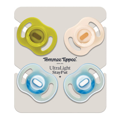 Tommee Tippee Stay Put Pacifier Set, Contains 2 Ultra-Light StayPut Glow in The Dark Pacifiers and 2 Ultra-Light StayPut Pacifiers, 6-18 Months, Colors May Vary, One-Piece Silicone Design, Pack of 4