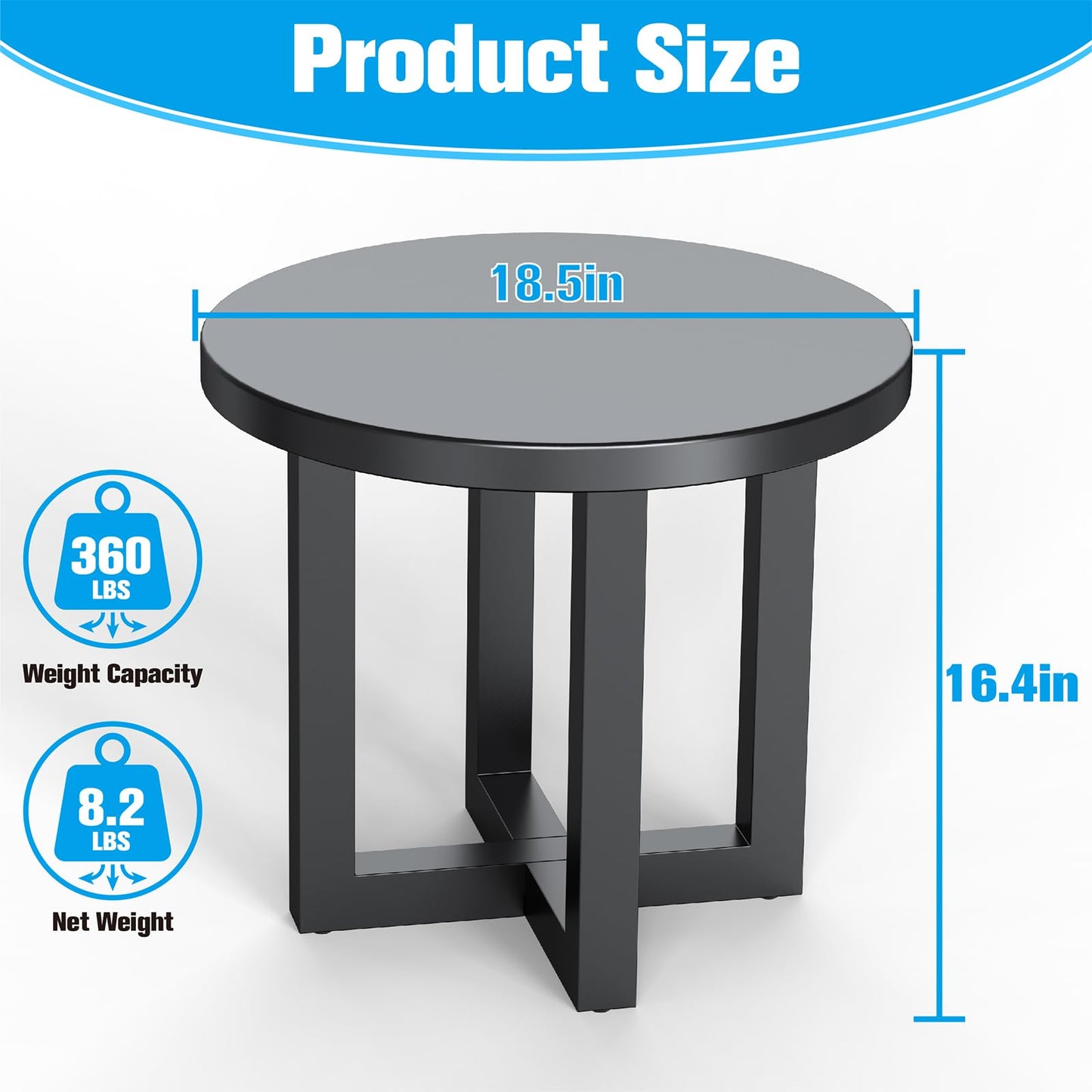 Metal Outdoor Round Table, 2-Tier Sturdy Patio End Table Weather Resistant, 18.5" * 18.5" * 16.5" Solid Round End Table for Patio, Pool, Porch (Black)