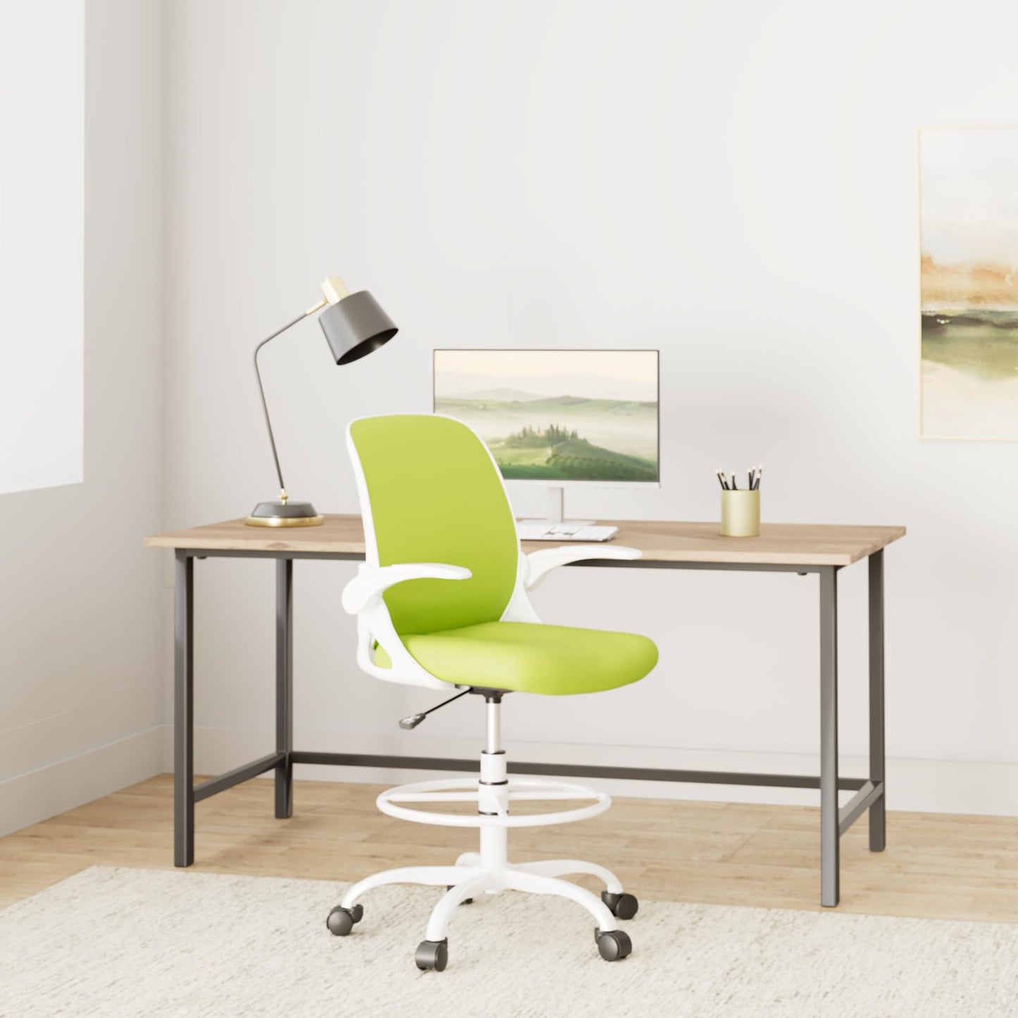 Primy Drafting Chair Tall Office Chair with Flip-up Armrests Executive Ergonomic Computer Standing Desk Chair with Lumbar Support and Adjustable Footrest Ring（Green）