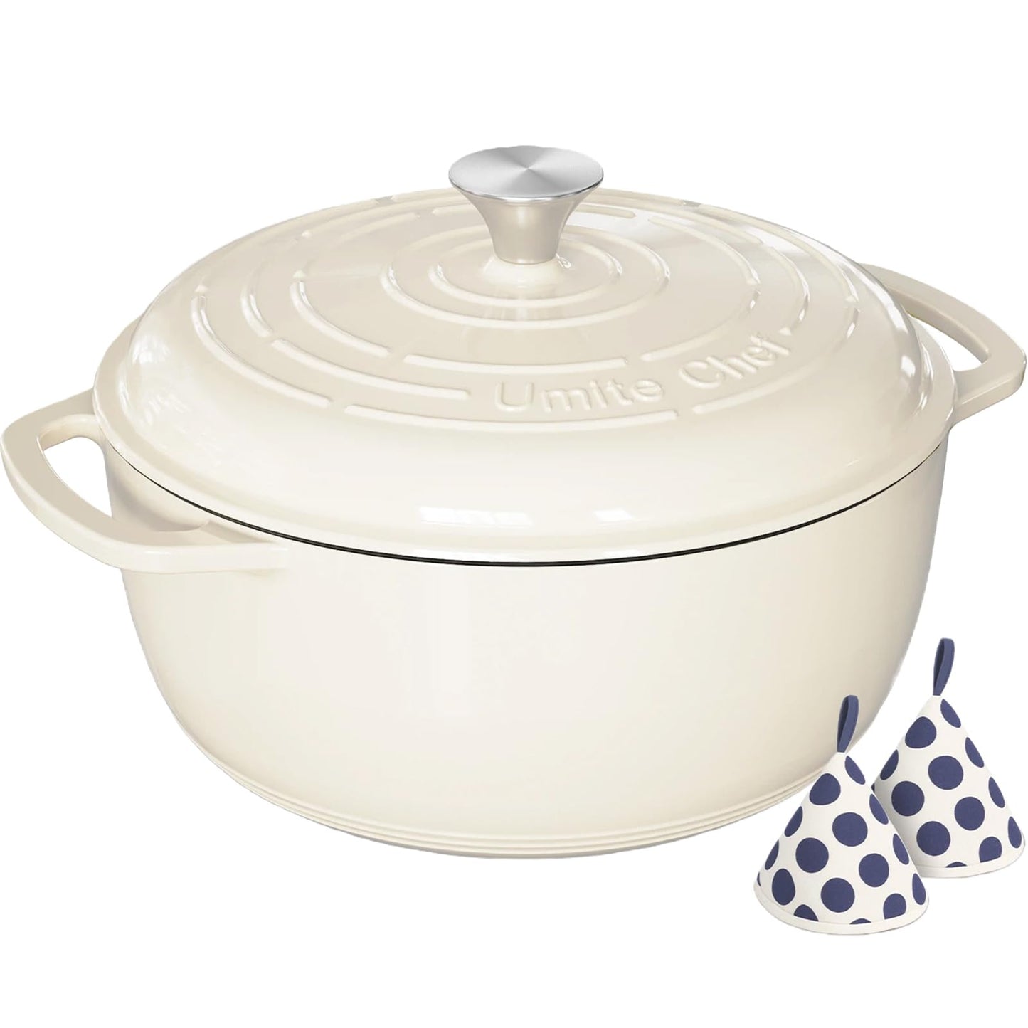 Umite Chef 6QT Enameled Cast Iron Dutch Oven with Lid, Versatile Heavy-Duty Cookware Pot for Baking Bread, Braising, Soups & Stews, Oven & Stovetop Safe with Heat Resistant Gloves（Cream White）