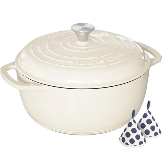 Umite Chef 6QT Enameled Cast Iron Dutch Oven with Lid, Versatile Heavy-Duty Cookware Pot for Baking Bread, Braising, Soups & Stews, Oven & Stovetop Safe with Heat Resistant Gloves（Cream White）
