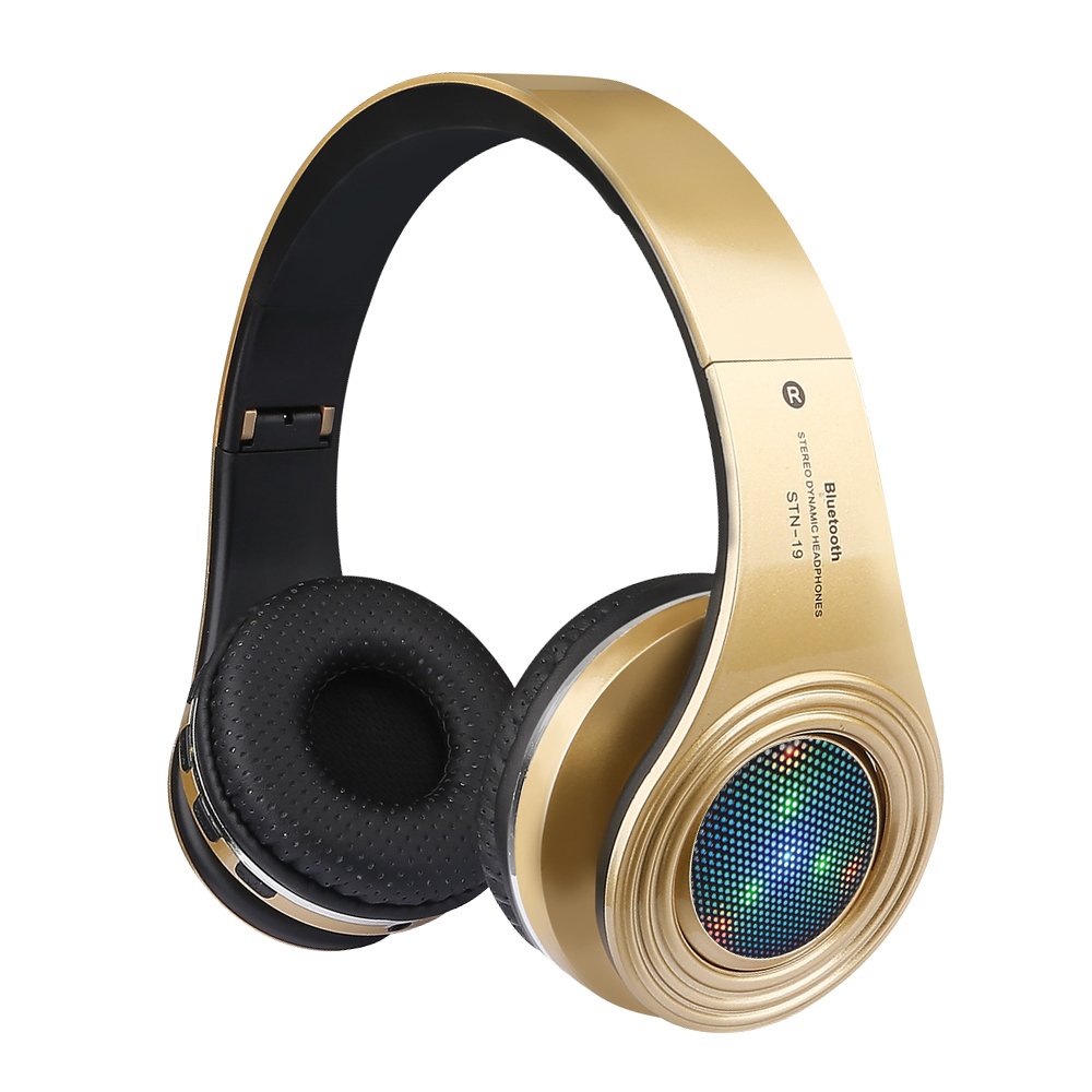 Bluetooth Headphones Wireless,Over Ear LED Light Up Headset with Mic, Stereo Sound,for Cellphone Tablets Computer for Kids Children Boy Adult-Gold