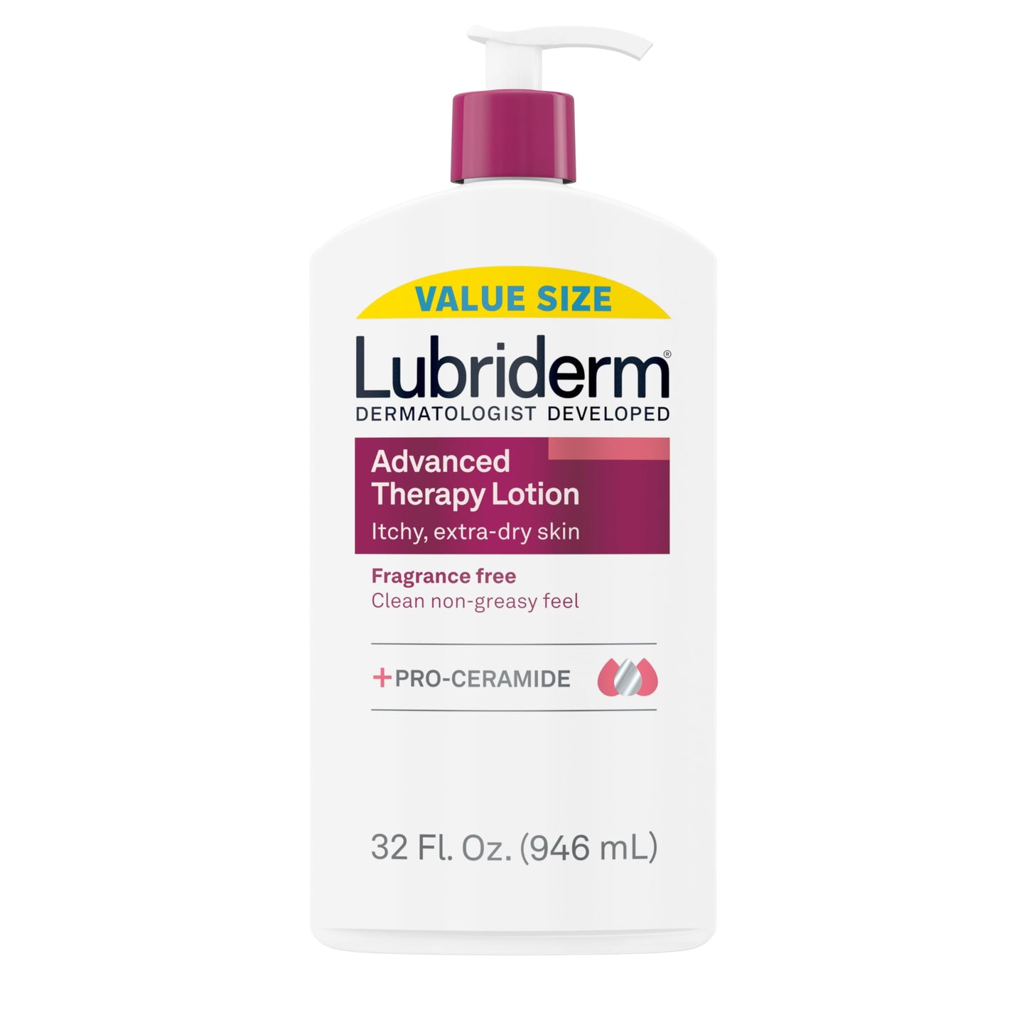 Lubriderm Advanced Therapy Fragrance-Free Moisturizing Hand & Body Lotion + Pro-Ceramide, Intense Hydration for Itchy, Extra Dry, & Sensitive Skin, Non-Greasy, Hypoallergenic, 32 fl. oz