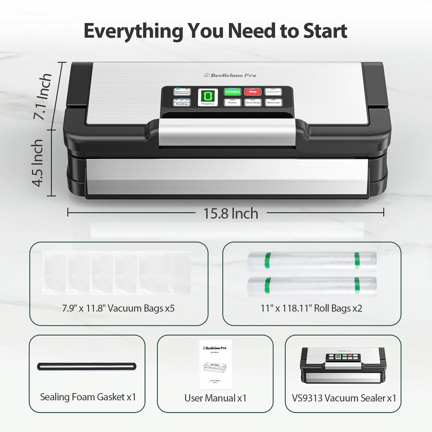 Precision Vacuum Sealer Machine, 2X Seal&130W Commercial Full Automatic Food Sealer, Powerful Food Preservation System with Handle,Built-in Cutter&Bags Storage&Hose,2 Bags Rolls,Stainless Steel