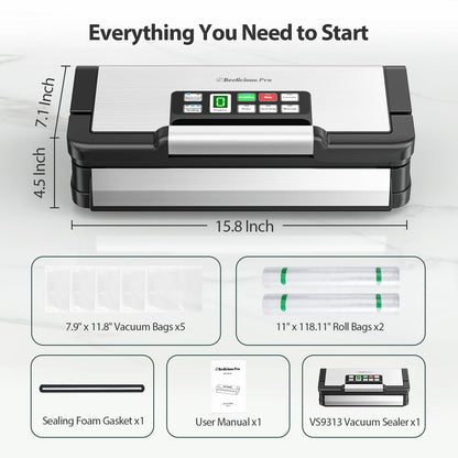 Precision Vacuum Sealer Machine, 2X Seal&130W Commercial Full Automatic Food Sealer, Powerful Food Preservation System with Handle,Built-in Cutter&Bags Storage&Hose,2 Bags Rolls,Stainless Steel