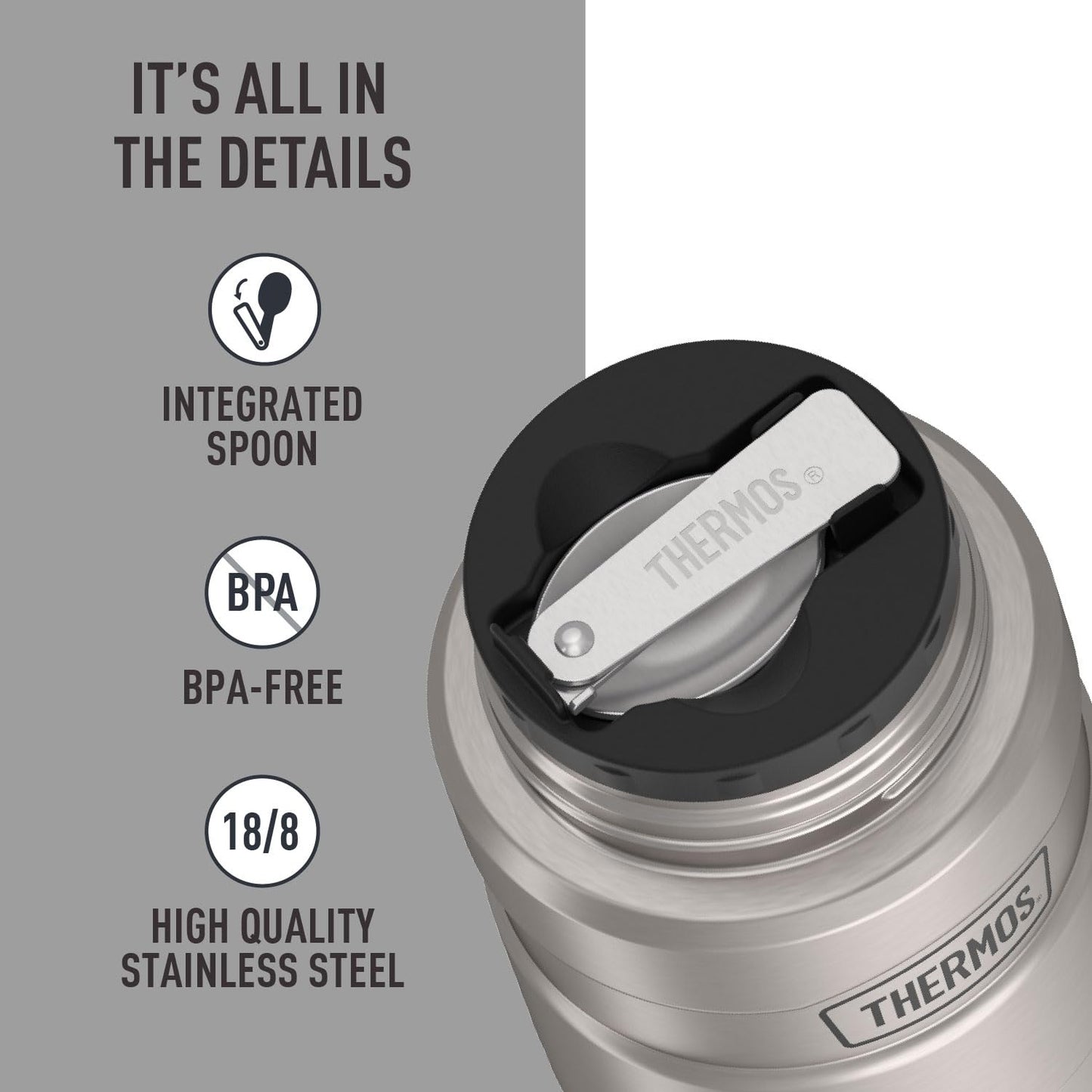 THERMOS Stainless King Vacuum-Insulated Food Jar with Spoon, 16 Ounce, Matte Stainless Steel