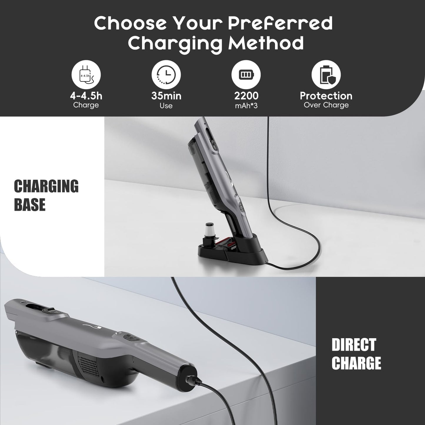 AYONTIN Cordless Handheld Vacuum, Lightweight Portable Hand Vacuum Cleaner with LED Light,Rechargeable Hand Held Vacuum with Charging Dock, Powerful Suction for Office, Home,Car,Silver