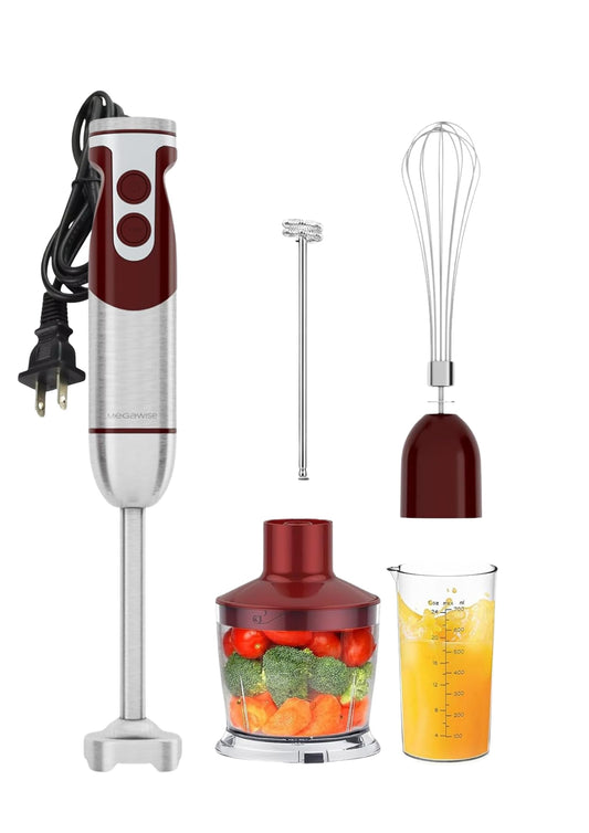 MegaWise Pro Titanium Reinforced 5 in1 Immersion Hand Blender, Powerful Motor with 80% Sharper Blades, 12 Speed Corded Blender, Including 500ml Chopper, 600ml Beaker, Whisk and Milk Frother