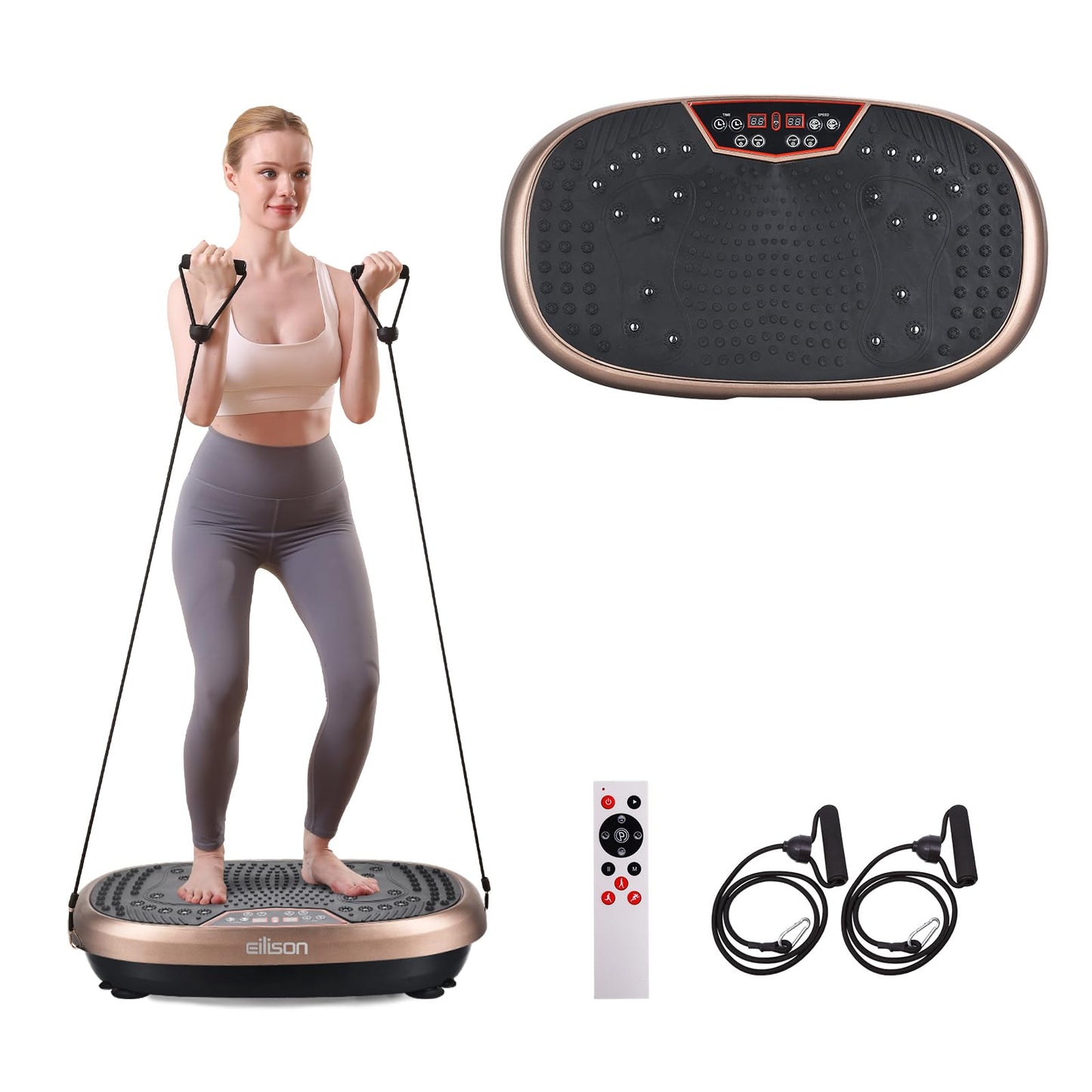 EILISON FITPRO Vibration Plate Exercise Machine - Whole Body Vibrating Platform w/Loop Bands -120 Adjustable Speeds 350Lbs, Lymphatic Drainage Machine for Weight Loss, Shaping, Recovery (Fitpro Brown)