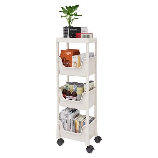 Nervure 4-Tier Plastic Rolling Utility Cart - Multifunctional Storage Cart with Lockable Wheels, Storage Cart Organizer for Bedroom, Living Room, Kitchen, Bathroom, Office, Light Gray