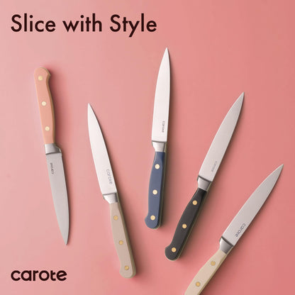 CAROTE 11 Pieces Knife Set with Block for kitchen, Stainless Steel Razor-Sharp Blade, Triple Riveted Ergonomic Handle, Wooden Magnetic Block, Essential Knife Block Set, Pink