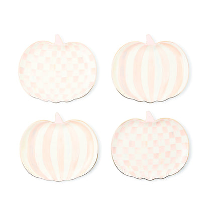 MACKENZIE-CHILDS Set of 4 Ceramic Dessert Plates, Decorative Dishes, Pumpkin, Pink-and-White Rosy Check