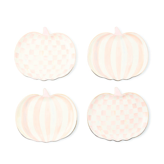 MACKENZIE-CHILDS Set of 4 Ceramic Dessert Plates, Decorative Dishes, Pumpkin, Pink-and-White Rosy Check