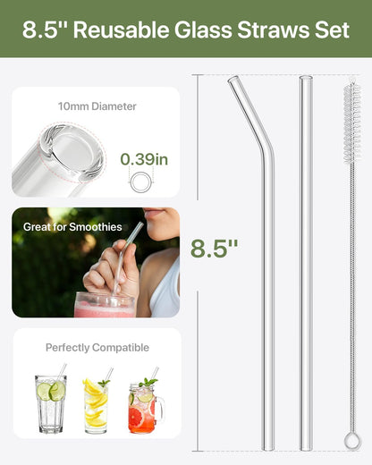 18-Pack Glass Straws, Reusable Clear Glass Drinking Straws Set, 8.5 Inch x 10mm - Includes 8 Straight and 6 Bent with 4 Straw Cleaner Brush, Perfect for Smoothies, Milkshakes, Juice, Tea