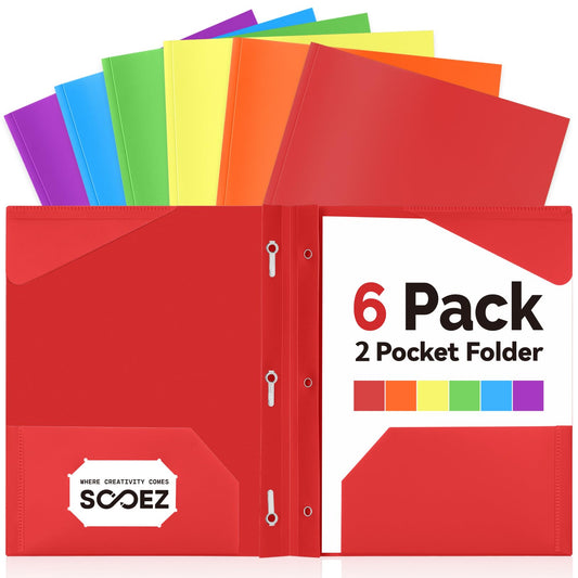 Sooez Plastic Folders with Pockets and Prongs, 6 Pack Pocket Folders with Prongs, Heavy Duty 3 Prong 2-Pocket Folders for Document, Colored File Folder Back to School Supplies for Kids