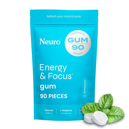 Neuro Energy & Focus Gum - 40mg Natural Caffeine Gum & Nootropic Energy Supplement with L-Theanine & B Vitamins - Sugar Free, Vegan - Peppermint, 90ct