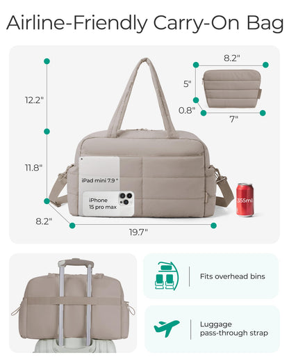 BAGSMART Gym Bag for Women with Toiletry Pouch, Lightweight Weekender Bags for Women with Wet Pocket, 31L Quilted Travel Duffle Carry On Bag, Weekender Overnight Bag for Travel,Water Resistant, Camel