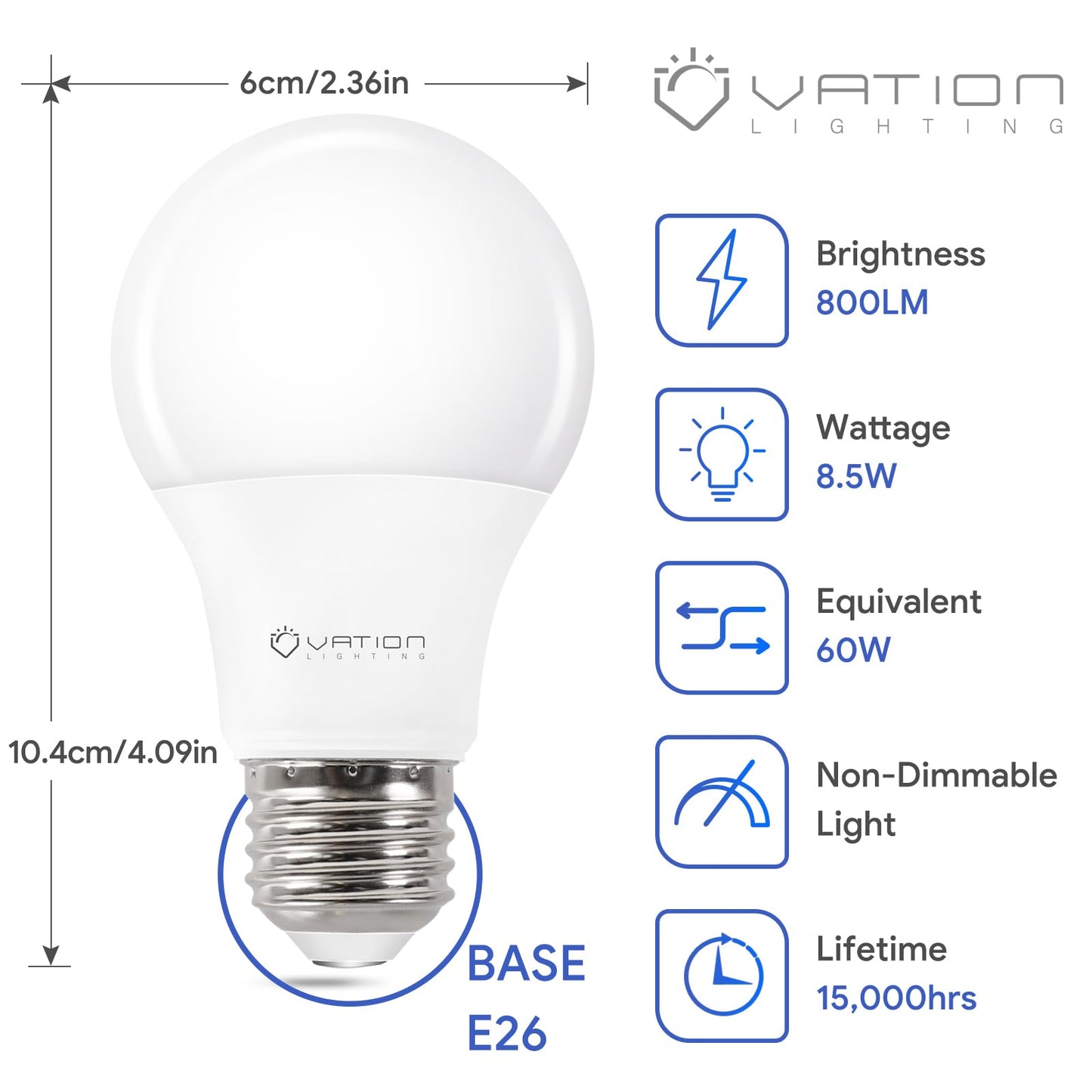 VATION LIGHTING 24 Pack A19 LED Light Bulb Daylight 5000K LED Bulbs, 60 Watt Equivalent, Efficient 8.5 Watt, 800 Lumens, E26 Medium Base, Non-Dimmable, ETL/UL Listed