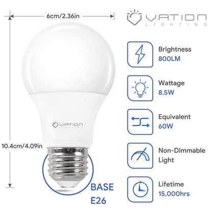 VATION LIGHTING 24 Pack A19 LED Light Bulb Daylight 5000K LED Bulbs, 60 Watt Equivalent, Efficient 8.5 Watt, 800 Lumens, E26 Medium Base, Non-Dimmable, ETL/UL Listed