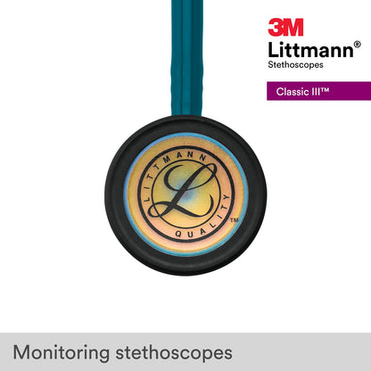 3M Littmann Classic III Monitoring Stethoscope, 5807, More Than 2X as Loud*, Weighs Less**, Stainless Steel Rainbow-Finish Chestpiece, 27" Caribbean Blue Tube, Brass Stem, and Headset