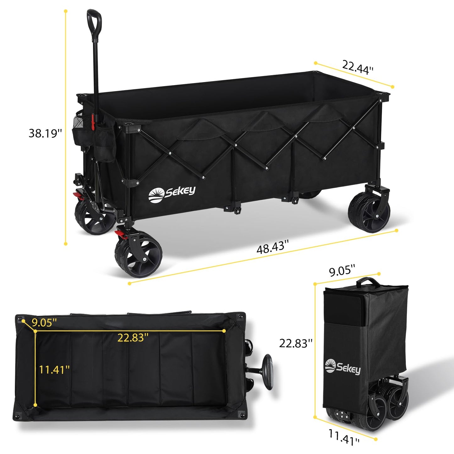 Sekey 48''L Collapsible Foldable Extended Wagon with 440lbs Weight Capacity, Heavy Duty 300L Folding Utility Garden Cart with Big All-Terrain Beach Wheels & Drink Holders. Black